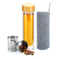 Cheap Bamboo Lid Double Wall Glass Water Bottle With Tea Cup Infuser